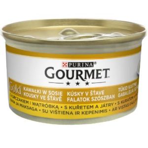 Barība kaķiem Gourmet Gold gaļas gab. ar vistu un aknām 85g