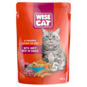 Barība pieaugušiem kaķiem Wise Cat ar teļa gaļu mērcē 100g